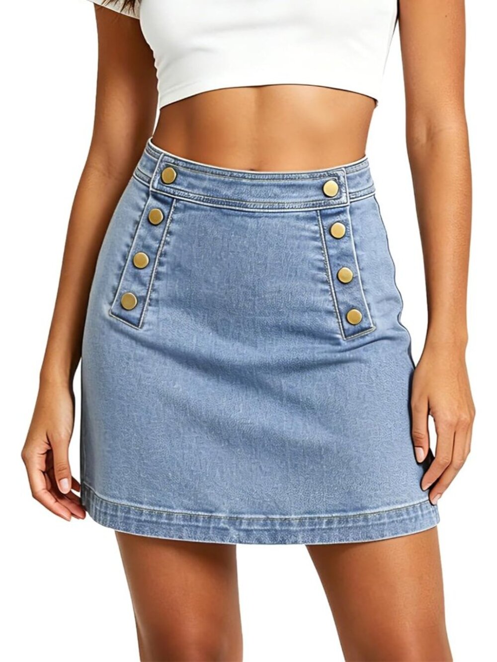 Women's Light Blue High Waisted Button-Front Back Patch Pocket Denim Mini Skirts